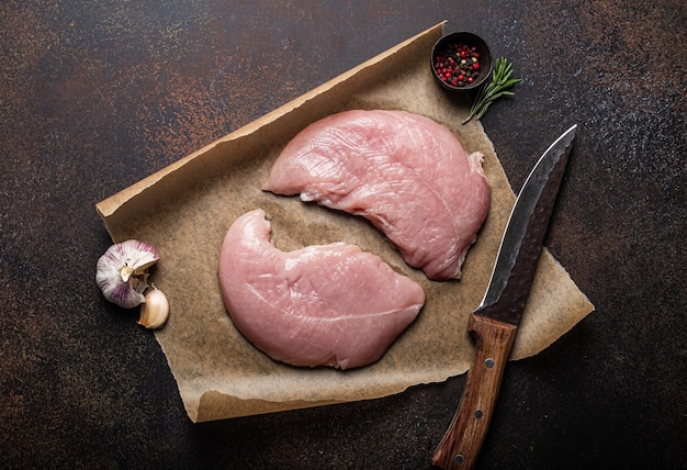 Kalkoen magere rauwe filet op bakpapier met rozemarijn knoflook en kruiden