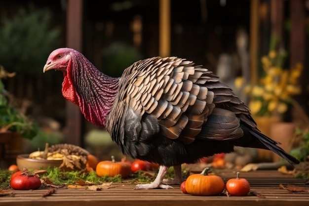 Kalkoenen voor Thanksgiving op een houten tafel Generatieve AI