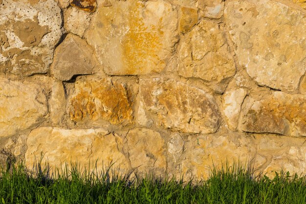 Kalkstenen muur en gras eronder achtergrond