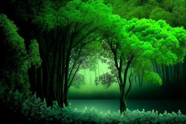 Kalm landschap van groene bladverliezende wouden Generatieve AI