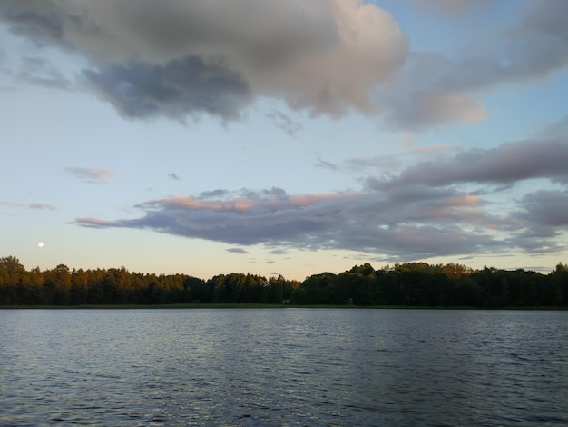 Kalm meeroppervlak 's avonds in Letland, Oost-Europa. zomer zonsondergang landschap met water en bos.