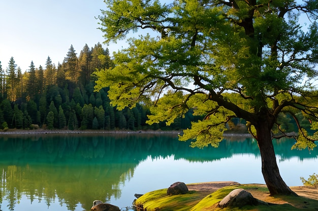 Kalm Zen-meer en bonzaibomen
