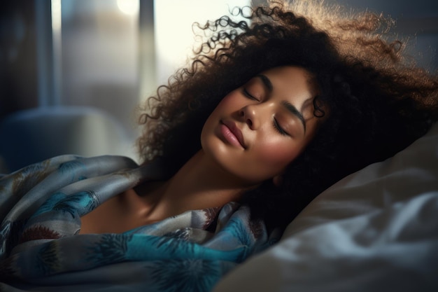 Kalme jonge Afro-Amerikaanse model die goed slaapt met gesloten ogen in een comfortabel bed.