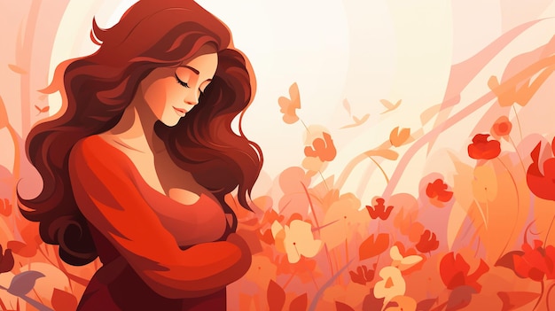 Kalme vrouw met gesloten ogen omhelst zichzelf in bloemen kopieer ruimte banner Vrouwelijkheid plat illustratie internationale vrouwendag 8 maart concept