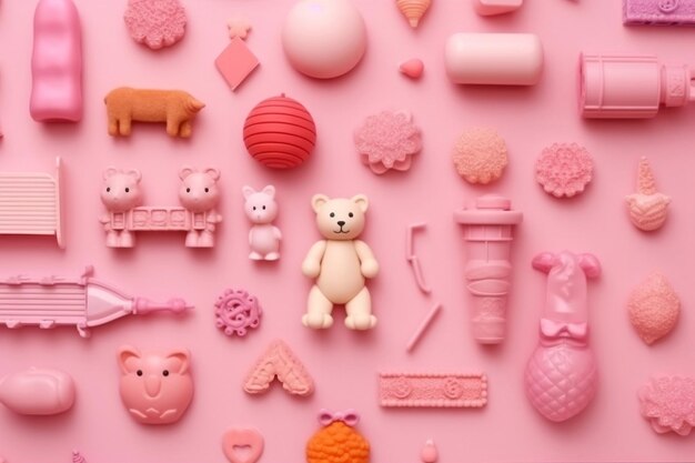 Foto kalmerend roze behang met heerlijke illustraties van speelgoed met meisjesthema generatieve ai
