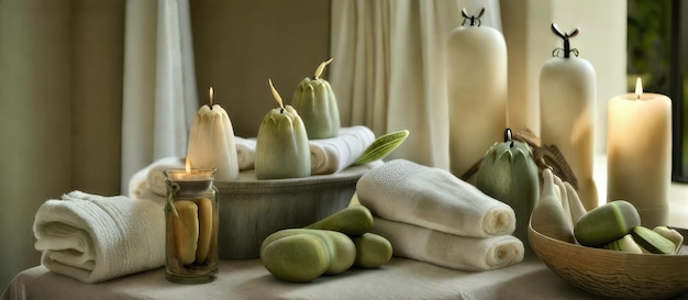 Foto kalmerende oase rustige spa stilleven met handdoeken kaarsen en zeezout op een rustieke houten tafel
