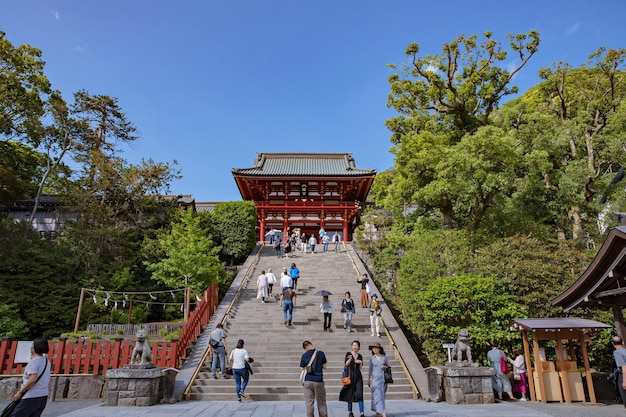 Photo kamakura, japan may - 16, 2019: tsurugaoka hachimangu shrine and gardens in kamakura, japan.