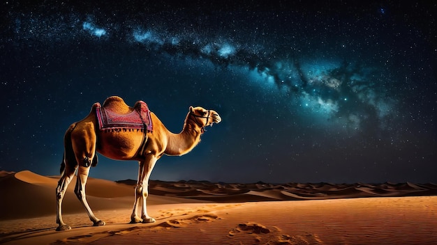 kameel in de woestijn tegen de achtergrond van de sterrenrijke nachtelijke hemel