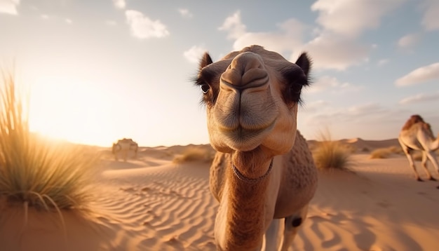 kameel in het duinenkader van dichtbij