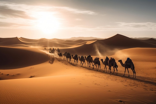 Kameelcaravan gaat door de Saharawoestijn in Marokko bij zonsondergang