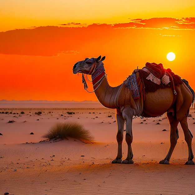 Foto kameelkaravaan in de woestijn bij zonsopgang gegenereerd door ai