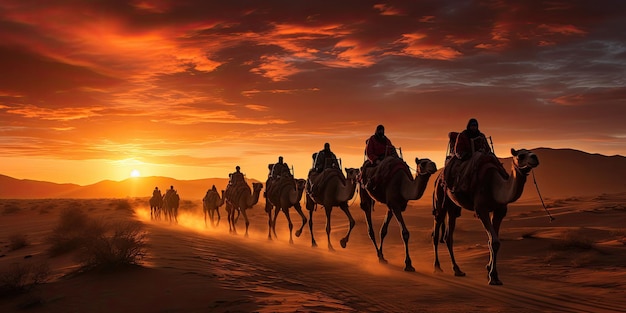 Kameelkaravaansilhouet door de zandduinen in de Sahara-woestijn, Marokko