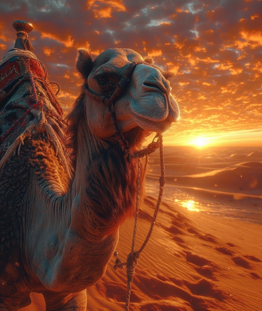 Kamel die in de woestijn staat bij zonsondergang