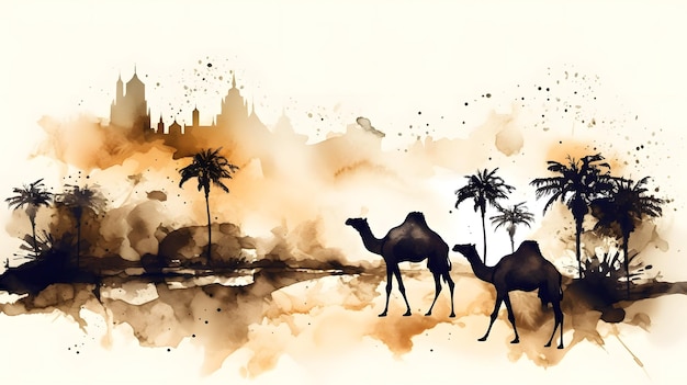 Kamelen in de woestijn met palmbomen
