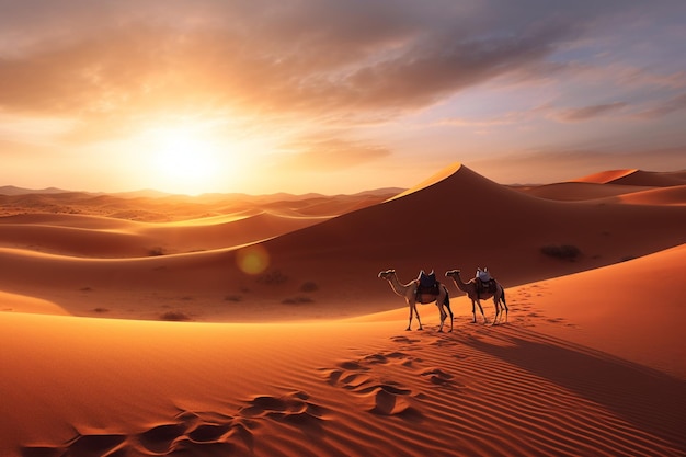 Kamelen lopen door de woestijn met de zon die achter hen ondergaat.
