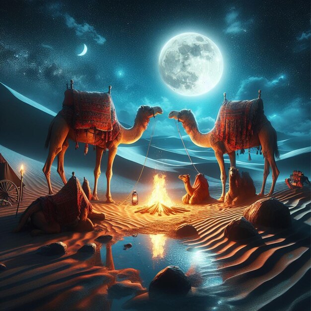 Kamelen's nachts bij volle maan