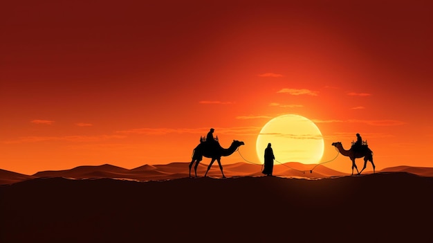 Kamelen worden afgetekend tegen een zonsonderganghemel met een man die op een kameel rijdt.