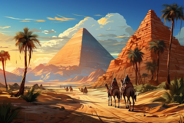 Kamelenkaravaan Bedoeïenen trekken door de woestijn naar de Egyptische piramiden