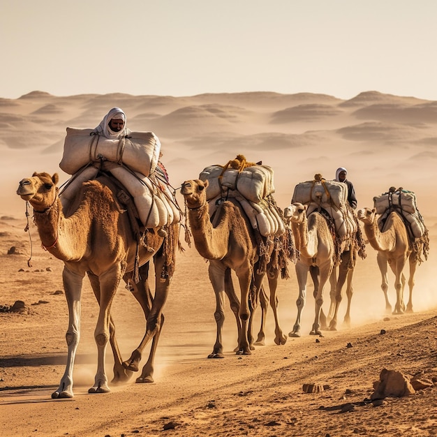 Kamelenkaravaan met kamelen en kamelen in de woestijn