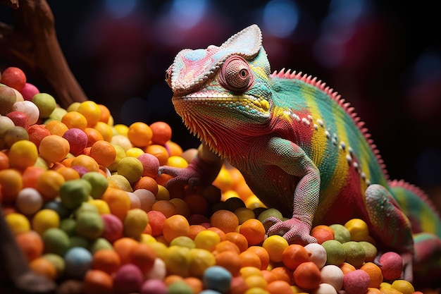 Kameleon op een achtergrond van veelkleurige dragee-snoepjes Snoepwinkel ontbijtgranen