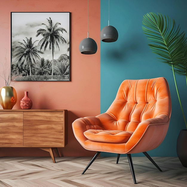 Foto kamer in retrostijl met oranje fauteuil