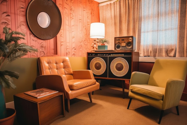 Kamer in retrostijl met pluche en gezellige fauteuils vintage radio en retro platenspeler gemaakt met generatieve AI