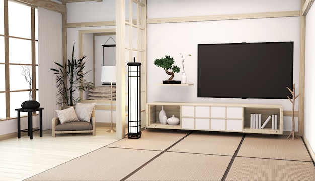 Foto kamer interieur japanse stijl met kast op kamer vloer tatami mat houten kamer minimale decoratie baboo planten. 3d-weergave