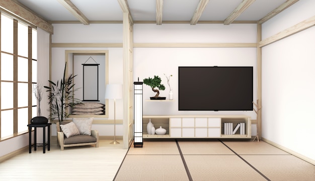 Kamer interieur Japanse stijl met kast op kamer vloer tatami mat houten kamer minimale decoratie baboo planten. 3D-weergave
