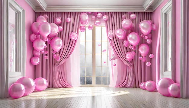 Kamer met gordijnen roze bubbels kamer met ballon