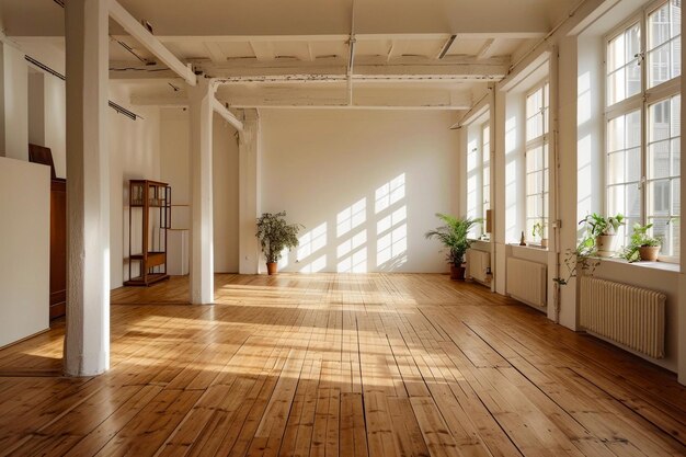 Kamer met grote ramen, houten vloeren en potplanten in de hoeken van de kamer