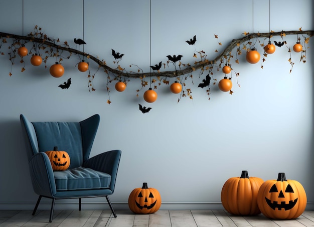 kamer met halloween-versieringen en een bank