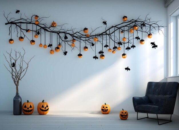 kamer met halloween-versieringen en een bank