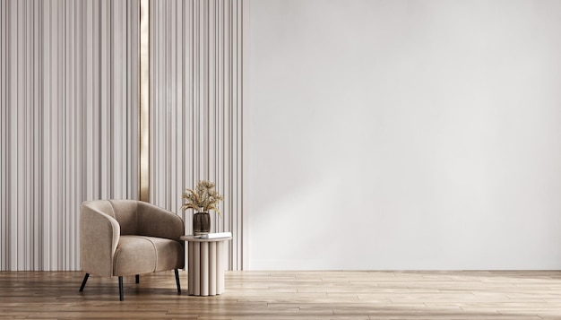 Kamer met lichte muur en houten vloer en beige moderne fauteuil Lichte kamer interieur mockup Lege ruimte voor mockup 3D-rendering