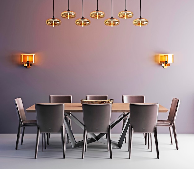Kamer met moderne eettafel witte stoelen en moderne lamp 3d render