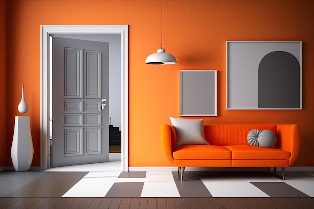 Kamer met oranje meubels oranje muren een lichtgrijze bank en een moderne witte deur Bruine parketvloer en tapijt zijn een trendy toevoeging aan elk interieur