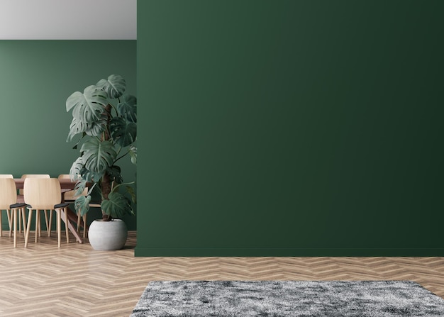 Kamer met parketvloer donkergroene muur en lege ruimte Tafel met stoelen monstera plant Mock-up interieur Gratis kopieerruimte voor uw meubels, fotodecoratie en andere objecten 3D-rendering