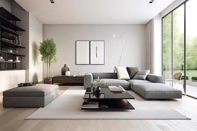 Kamer met stijlvol, modern meubilair en metalen accenten gecreëerd met generatieve AI