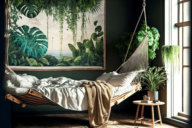 Foto kamer met tropische groene planten en houten bed met hangmat