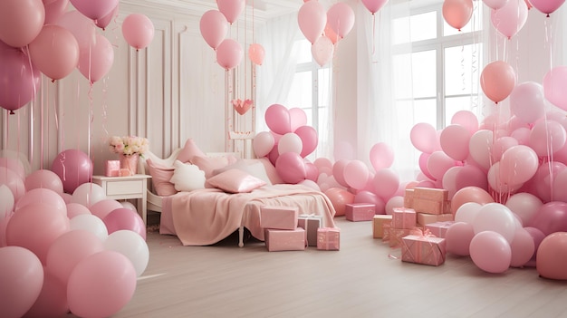 Kamer met veel roze ballonnen verspreid in alle hoeken Vrouwelijke roze kamer met roze ballonnen