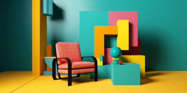 Kamer roze kleurrijk huisontwerp sofa interieur memphis fauteuil kunst geometrische Generatieve AI