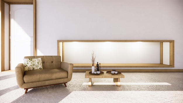 Kamer zen-stijl en decoraion houten ontwerp, aardetint.