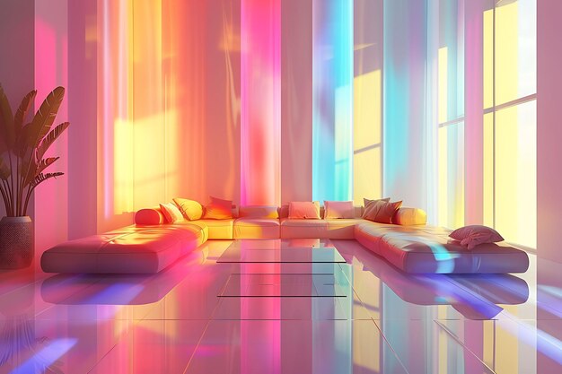 Foto kamerdecor opnieuw gedefinieerd omarm levendige neonkleuren en futuristisch cyberpunk interieurontwerp