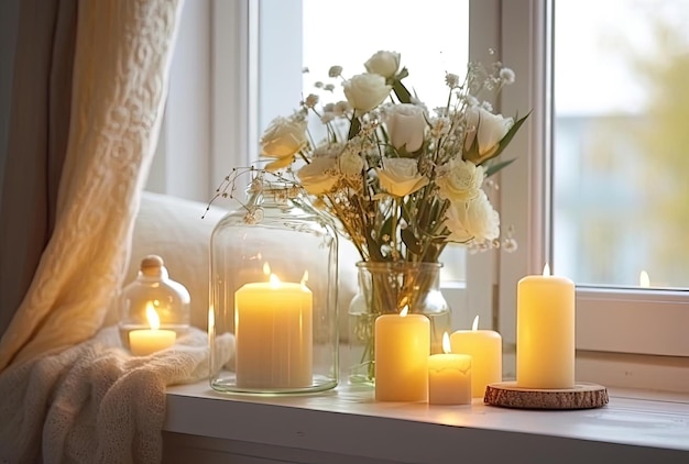 Kamerdecoratiedetails in scandinavische stijl met kaarsen en bloemen