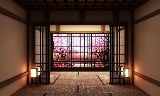 Kamerinterieur met raamweergave Sakura-boom, Japanse stijl. 3D-rendering