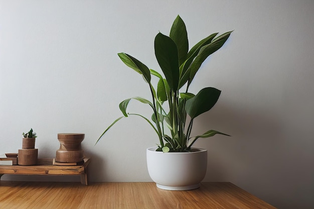 Kamerplant op een houten plank tegen een witte muur ruimte kopiëren digitale afbeelding