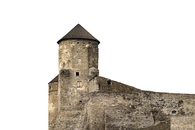 Kamianets Podilskyi fortress built in the 14th century isolated on white background.