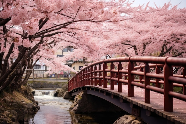 カミジョ・シズオカ 日本 桜の花と伝統的な橋の田舎風景