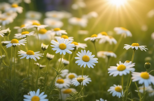 Kamille veld zonnige weide bloeiende bloemen zomer bloemen achtergrond