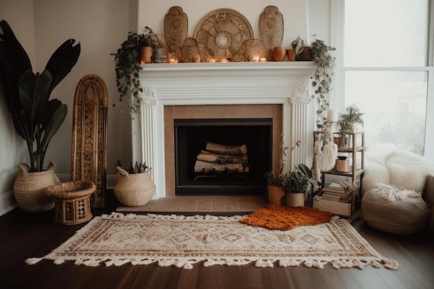 Kamin met kaarsen en decoraties in een moderne woonkamer gemaakt met behulp van generatieve AI-technologie