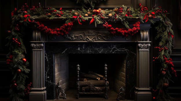 Kaminmantel met Holly Garland Red Berries en Pine Cones